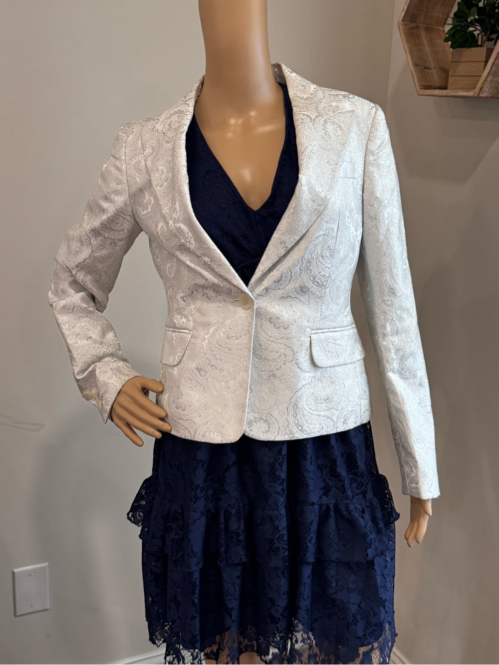 Michael Kors Ivory Paisley Blazer Jacket Metallic Thread Sz 4